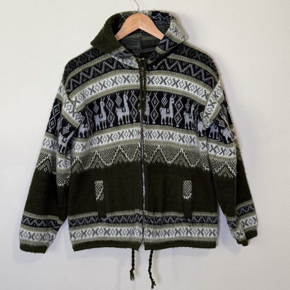 Vintage Y2K Tejidos Ruminahui Llama Alpaca Pattern Wool Hooded Zip Sweater S